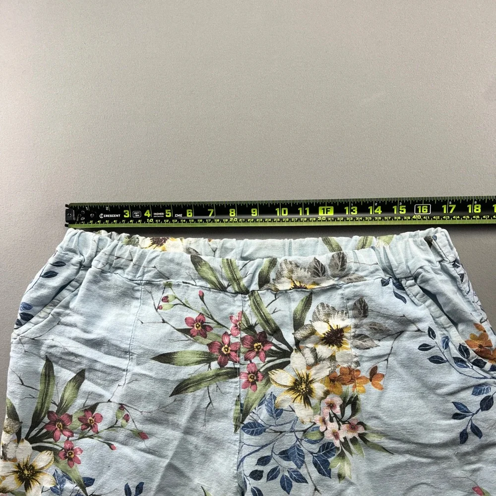 Kaktus Cropped Pants Womens Large Blue Botanical Mid Rise Pull On Straight Leg